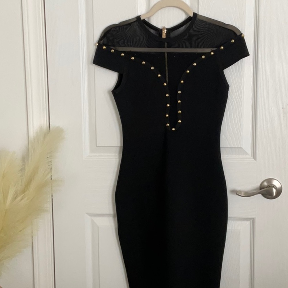 Chic Black Mini Dress with Gold Studs